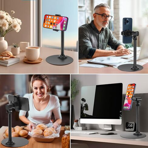 Adjustable Phone Stand for Desk with Clip Mount Live Streaming: 360° Rotatable Overhead Shot Holder with Sturdy Metal Base, Compatible with TikTok, YouTube, Zoom Video Recording (Black) in Saudi Arabia