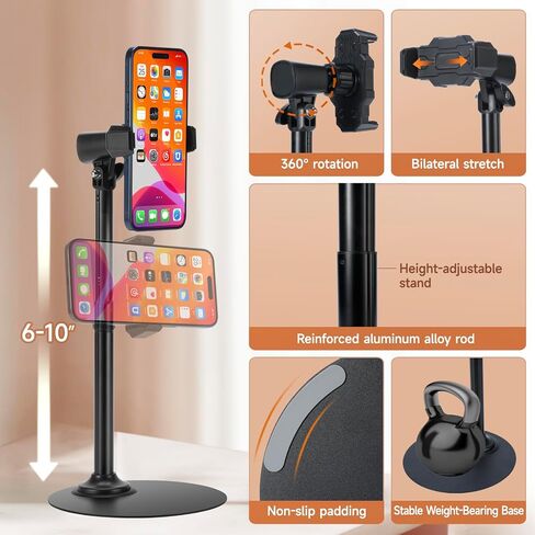 Adjustable Phone Stand for Desk with Clip Mount Live Streaming: 360° Rotatable Overhead Shot Holder with Sturdy Metal Base, Compatible with TikTok, YouTube, Zoom Video Recording (Black) in Saudi Arabia