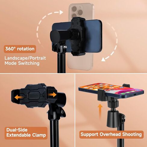 Adjustable Phone Stand for Desk with Clip Mount Live Streaming: 360° Rotatable Overhead Shot Holder with Sturdy Metal Base, Compatible with TikTok, YouTube, Zoom Video Recording (Black) in Saudi Arabia