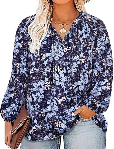 CARCOS Womens Plus Size Floral Blouses Long/Short Sleeve Boho Tops V Neck Chiffon Shirts Drawstring Business Tunics XL-5XL in Kuwait