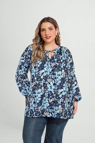 CARCOS Womens Plus Size Floral Blouses Long/Short Sleeve Boho Tops V Neck Chiffon Shirts Drawstring Business Tunics XL-5XL in Kuwait