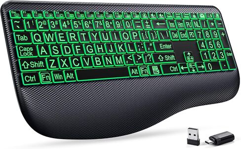 Large Print Backlit Wireless Keyboard – Silent Keyboards with Wrist Rest, 7-Color Light up, Quiet Low Profile Keys, 2.4G Wireless Rechargeable Full Size Keypad for Computer Laptop Windows Mac, Black in Kuwait
