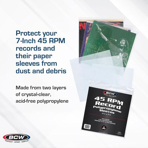 BCW 100 Vinyl 45 RPM 7" Record Poly Outer Record Sleeves | Album Covers | Crystal Clear | Record Covers | 2 Mil Thickness | Vinyl Record Storage | Dust and Scratch Protection | Vinyl Record Sleeves in Saudi Arabia