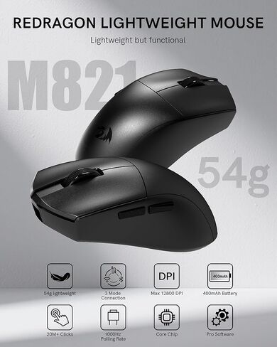 Redragon Wireless Gaming Mouse ، 54g خفيفة الوزن ، Tri-Mode 2.4g/USB C Wired/Bluetooth ، الفئران السوداء للألعاب للكمبيوتر الخاص بنوافذ الكمبيوتر المحمول ، MAX 128000 DPI ، 1K استطلاع ، 6 أزرار قابلة للبرمجة ، M821 in Saudi Arabia