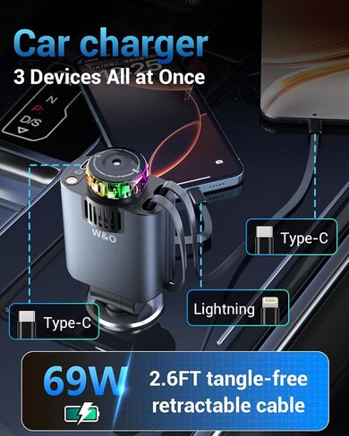 W & O Car Charger Fast Charging for iPhone，Retractable car charger with Aromatherapy and Starlight,69W 5 in 1 Fast Charging Car Charger,Car Charger Adapter for iPhone 17/16/15 Pro Max, Galaxy S25(Red) in Kuwait