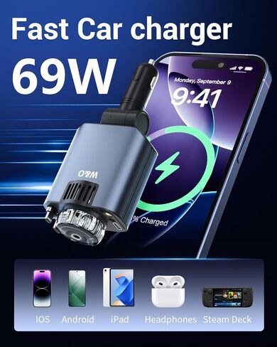 W & O Car Charger Fast Charging for iPhone，Retractable car charger with Aromatherapy and Starlight,69W 5 in 1 Fast Charging Car Charger,Car Charger Adapter for iPhone 17/16/15 Pro Max, Galaxy S25(Red) in Kuwait