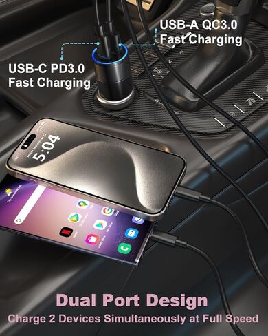 USB C Car Charger 36W, OKRAY 2-Port Car Phone Charger PD&QC3.0 Fast Charging Type C Car Charger 12v Cigarette Lighter Adapter with 4FT USB C Cable for iPhone 16 15 Pro Max, Samsung Galaxy S25 S24 A16 in Kuwait
