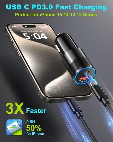 USB C Car Charger 36W, OKRAY 2-Port Car Phone Charger PD&QC3.0 Fast Charging Type C Car Charger 12v Cigarette Lighter Adapter with 4FT USB C Cable for iPhone 16 15 Pro Max, Samsung Galaxy S25 S24 A16 in Kuwait