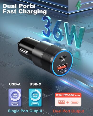 USB C Car Charger 36W, OKRAY 2-Port Car Phone Charger PD&QC3.0 Fast Charging Type C Car Charger 12v Cigarette Lighter Adapter with 4FT USB C Cable for iPhone 16 15 Pro Max, Samsung Galaxy S25 S24 A16 in Kuwait