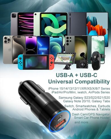 USB C Car Charger 36W, OKRAY 2-Port Car Phone Charger PD&QC3.0 Fast Charging Type C Car Charger 12v Cigarette Lighter Adapter with 4FT USB C Cable for iPhone 16 15 Pro Max, Samsung Galaxy S25 S24 A16 in Kuwait