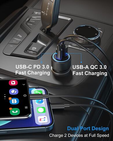 USB C Car Charger 36W, OKRAY 2-Port Car Phone Charger PD&QC3.0 Fast Charging Type C Car Charger 12v Cigarette Lighter Adapter with 4FT USB C Cable for iPhone 16 15 Pro Max, Samsung Galaxy S25 S24 A16 in Kuwait