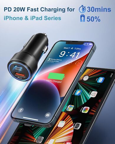 USB C Car Charger 36W, OKRAY 2-Port Car Phone Charger PD&QC3.0 Fast Charging Type C Car Charger 12v Cigarette Lighter Adapter with 4FT USB C Cable for iPhone 16 15 Pro Max, Samsung Galaxy S25 S24 A16 in Kuwait