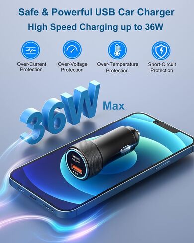 USB C Car Charger 36W, OKRAY 2-Port Car Phone Charger PD&QC3.0 Fast Charging Type C Car Charger 12v Cigarette Lighter Adapter with 4FT USB C Cable for iPhone 16 15 Pro Max, Samsung Galaxy S25 S24 A16 in Kuwait