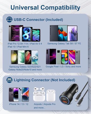 USB C Car Charger 36W, OKRAY 2-Port Car Phone Charger PD&QC3.0 Fast Charging Type C Car Charger 12v Cigarette Lighter Adapter with 4FT USB C Cable for iPhone 16 15 Pro Max, Samsung Galaxy S25 S24 A16 in Kuwait