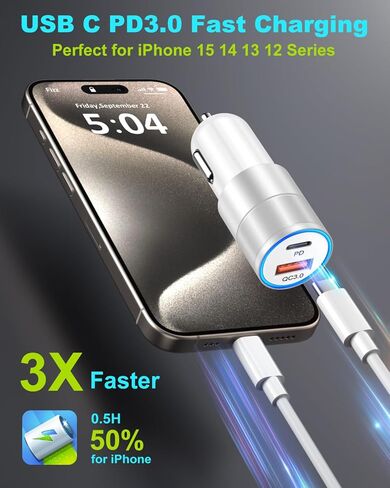 USB C Car Charger 36W ، OKRAY 2-Port Car Phone Charger PD & QC3.0 شحن سريع من نوع C Car Charger 12V Lighter Wighter مع كابل USB C 4ft لـ iPhone 16 15 Pro Max ، Samsung Galaxy S25 S24 A16 in Kuwait