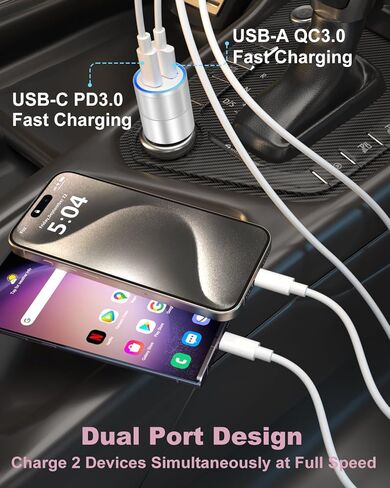USB C Car Charger 36W ، OKRAY 2-Port Car Phone Charger PD & QC3.0 شحن سريع من نوع C Car Charger 12V Lighter Wighter مع كابل USB C 4ft لـ iPhone 16 15 Pro Max ، Samsung Galaxy S25 S24 A16 in Kuwait