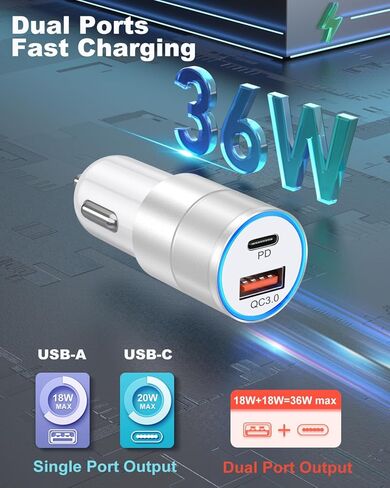 USB C Car Charger 36W ، OKRAY 2-Port Car Phone Charger PD & QC3.0 شحن سريع من نوع C Car Charger 12V Lighter Wighter مع كابل USB C 4ft لـ iPhone 16 15 Pro Max ، Samsung Galaxy S25 S24 A16 in Kuwait