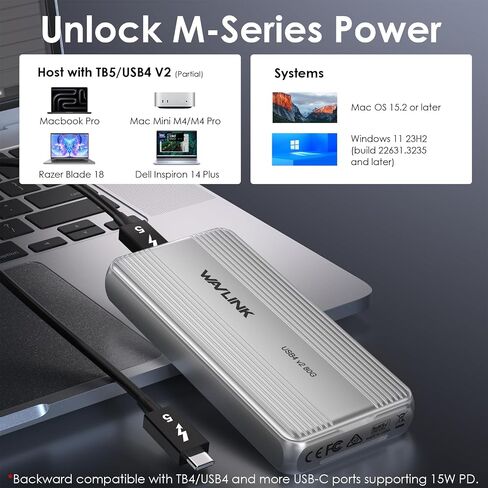 Wavlink 80GBPS M.2 NVME SSD العلبة مع مروحة التبريد متوافقة مع Thunderbolt5/USB4 V2.0 ، دعم B+M Key/M-Key NVME 2280 SSD ، العمل مع Mac M4 Pro in Kuwait