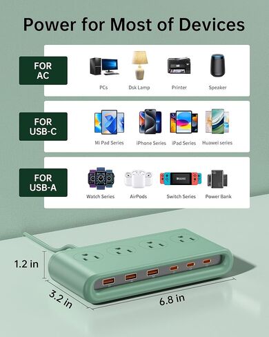 محطة شحن USB 10 في 1 مع منافذ التيار المتردد ، شريط طاقة للوقاية من موانئ USB PD 20W ، سلك تمديد USB 4.9 قدم للمنزل/المكتب/أساسيات السفر in Kuwait