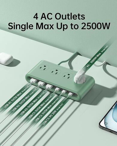 محطة شحن USB 10 في 1 مع منافذ التيار المتردد ، شريط طاقة للوقاية من موانئ USB PD 20W ، سلك تمديد USB 4.9 قدم للمنزل/المكتب/أساسيات السفر in Kuwait