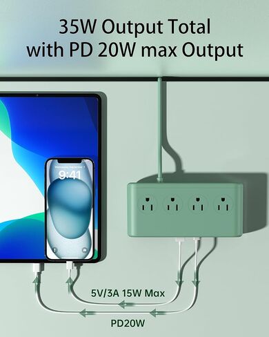 محطة شحن USB 10 في 1 مع منافذ التيار المتردد ، شريط طاقة للوقاية من موانئ USB PD 20W ، سلك تمديد USB 4.9 قدم للمنزل/المكتب/أساسيات السفر in Kuwait