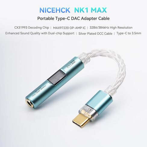 NK1 MAX USB C to 3.5mm Female Headphone Jack Adapter, Hi-Res 32bit/384KHz USBC to Aux Audiophile DAC Dongle Adapter with Silver-Plated OCC Cable, Compatible with iPhone 16/Android/Tablet/PC(Silver) in Kuwait