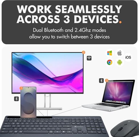 X9 Performance Performance Elreless Wireless Keyboard and Mouse Combo - Bluetooth + 2.4g - Multisync ، Dock Phone ، Wrist Rest ، Silent Keys - Slim Wireless Mouse and Keyboard Combo - للكمبيوتر الشخصي ، Mac ، iOS ، Android in Kuwait