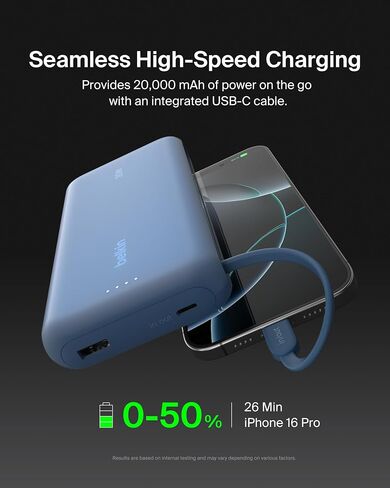 Belkin Portable Charger, Power Bank with Integrated Cable 20000 mAh 30W - Fast Charging USB C Power Delivery, iPhone Charger - iPhone 16 Series, iPad Pro, Galaxy S25 Series, & More - Black in Saudi Arabia