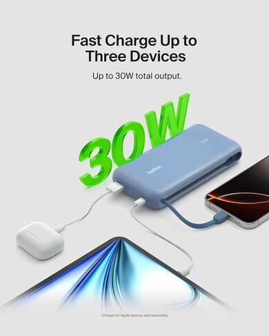 Belkin Portable Charger, Power Bank with Integrated Cable 20000 mAh 30W - Fast Charging USB C Power Delivery, iPhone Charger - iPhone 16 Series, iPad Pro, Galaxy S25 Series, & More - Black in Saudi Arabia
