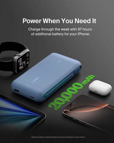 Belkin Portable Charger, Power Bank with Integrated Cable 20000 mAh 30W - Fast Charging USB C Power Delivery, iPhone Charger - iPhone 16 Series, iPad Pro, Galaxy S25 Series, & More - Black in Saudi Arabia