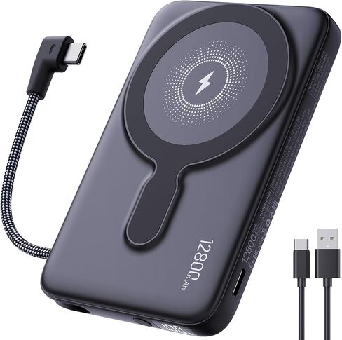 2025 Latest Magnetic Ultra Slim 0.4'' Wireless Power Bank, 12800mAh Portable Charger with Built in Cable and Strap, LED Battery Pack Travel Essential for iPhone 16/15/14/13/12/Pro/Mini/Pro Max Andriod in Saudi Arabia