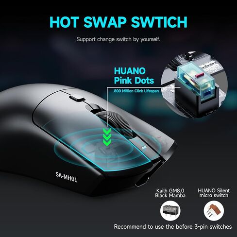 RAWM MH01PRO Wireless 8K Mouse Lightweight Gaming Mouse ، PAW 3950 Sensor Optical ، 30000 DPI ، تصميم swapple الساخن ، بطارية 600 مللي أمبير في الساعة ، والبراعة الإلكترونية وفئران ألعاب FPS ، و 8K Dongle مشمولة in Kuwait
