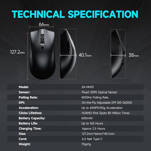 RAWM MH01PRO Wireless 8K Mouse Lightweight Gaming Mouse ، PAW 3950 Sensor Optical ، 30000 DPI ، تصميم swapple الساخن ، بطارية 600 مللي أمبير في الساعة ، والبراعة الإلكترونية وفئران ألعاب FPS ، و 8K Dongle مشمولة in Kuwait
