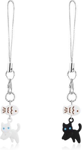 2pcs cat phone Charm لطيف Kawaii Cat Fish Phone Bag Accessories kawaii charms حزام لطيف معلق القطط y2k سحر الهواتف المحمولة لحقائب الظهر محفظة مفاتيح القلادة القلادة ديكور (أسود+أبيض) in Saudi Arabia