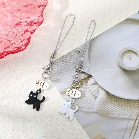 2pcs cat phone Charm لطيف Kawaii Cat Fish Phone Bag Accessories kawaii charms حزام لطيف معلق القطط y2k سحر الهواتف المحمولة لحقائب الظهر محفظة مفاتيح القلادة القلادة ديكور (أسود+أبيض) in Saudi Arabia