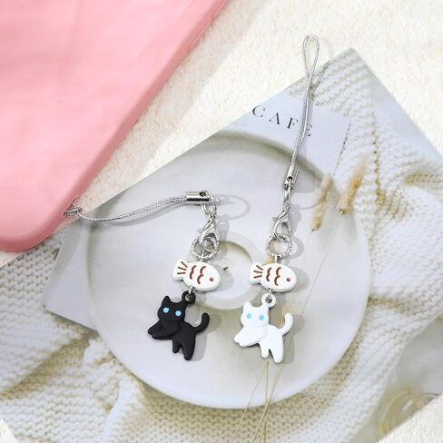 2pcs cat phone Charm لطيف Kawaii Cat Fish Phone Bag Accessories kawaii charms حزام لطيف معلق القطط y2k سحر الهواتف المحمولة لحقائب الظهر محفظة مفاتيح القلادة القلادة ديكور (أسود+أبيض) in Saudi Arabia