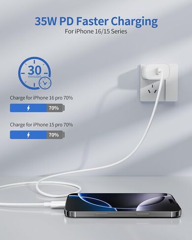 for iPhone 16/15 Pro Charger Fast Charging, 2-Pack 35W USB C Super Fast Wall Charger Block with 2Pack 10FT Long Type C Cable for iPhone 16/15 Pro Max/Plus/16e, iPad Pro/Air/Mini, MacBook Air in Kuwait