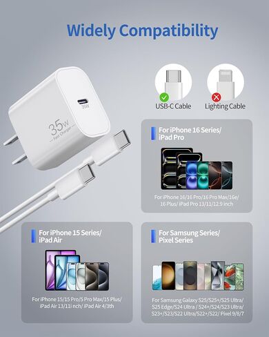 for iPhone 16/15 Pro Charger Fast Charging, 2-Pack 35W USB C Super Fast Wall Charger Block with 2Pack 10FT Long Type C Cable for iPhone 16/15 Pro Max/Plus/16e, iPad Pro/Air/Mini, MacBook Air in Kuwait