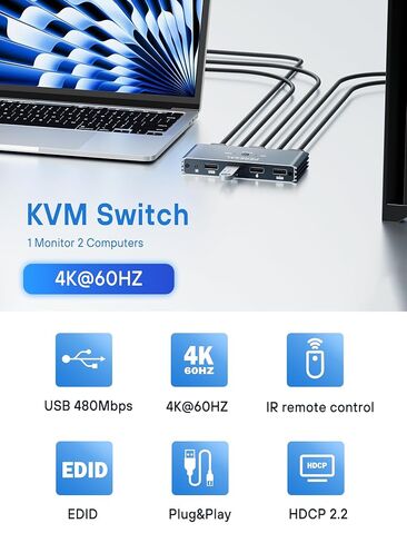 USB 3.0 KVM Switch ، KVM Switch 1 Switors 2 Computers ، Switch HDMI ، 4K@60Hz KVM Switchs for 2 Carching 1 Montern in Kuwait