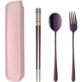 Do Buy Stainless Steel Fork Spoon Chopsticks with a Durable Case for Home Outdoor Camping Traveling Hiking, Purple in Saudi Arabia