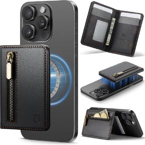 حامل البطاقة المغناطيسي متوافق مع هواتف Magsafe والحالات ، محفظة هاتف Pu Leather Slim لجهاز iPhone 16/15/14/13/12/pro/max/plus ، 4 فتحات بطاقة RFID مع جيب سحاب - أسود in Kuwait