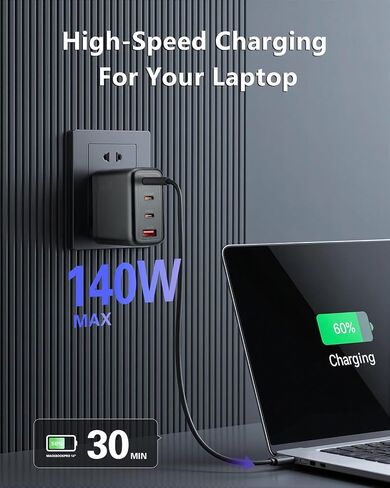 140W USB C Charger, 4-Port Foldable Compact Fast Laptop Charger Power Adapter, Advanced GaN Wall Charger, Compatible for MacBook Pro/Air, iPad Pro, iPhone 16, Galaxy S25, Steam Deck, and More (White) in Saudi Arabia
