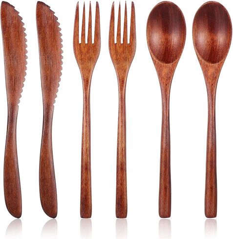6PCS Wooden Utensils for Eating, Nanmu Wooden Spoons Forks Scraper Reusable Wood Utensil Set Flatware Tableware Cutlery Set for Daily Use Home Travel Camping in Saudi Arabia