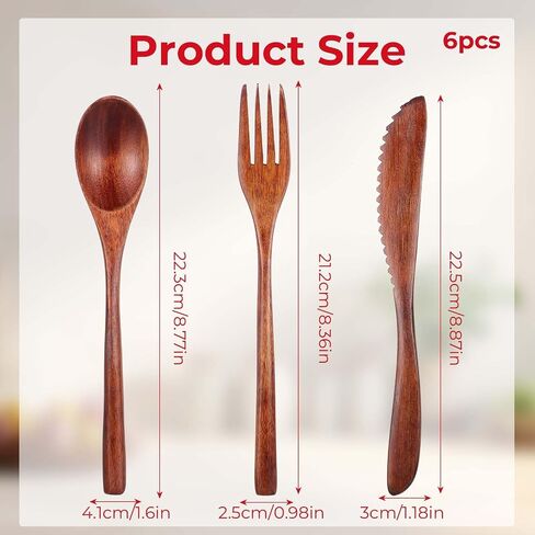 6PCS Wooden Utensils for Eating, Nanmu Wooden Spoons Forks Scraper Reusable Wood Utensil Set Flatware Tableware Cutlery Set for Daily Use Home Travel Camping in Saudi Arabia