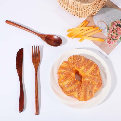 6PCS Wooden Utensils for Eating, Nanmu Wooden Spoons Forks Scraper Reusable Wood Utensil Set Flatware Tableware Cutlery Set for Daily Use Home Travel Camping in Saudi Arabia