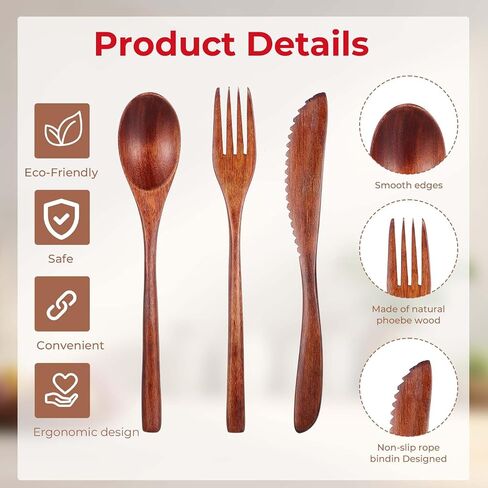 6PCS Wooden Utensils for Eating, Nanmu Wooden Spoons Forks Scraper Reusable Wood Utensil Set Flatware Tableware Cutlery Set for Daily Use Home Travel Camping in Saudi Arabia