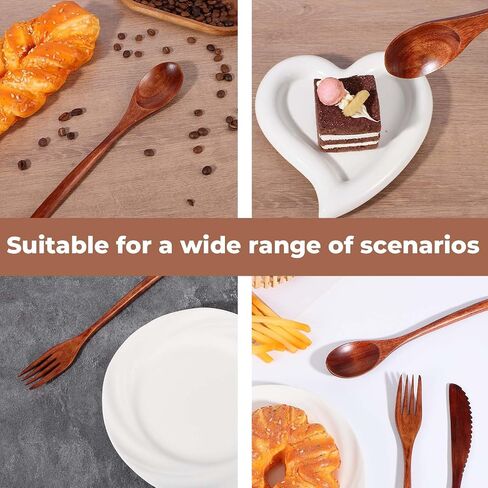 6PCS Wooden Utensils for Eating, Nanmu Wooden Spoons Forks Scraper Reusable Wood Utensil Set Flatware Tableware Cutlery Set for Daily Use Home Travel Camping in Saudi Arabia