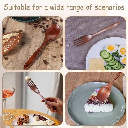 6PCS Wooden Utensils for Eating, Nanmu Wooden Spoons Forks Scraper Reusable Wood Utensil Set Flatware Tableware Cutlery Set for Daily Use Home Travel Camping in Saudi Arabia