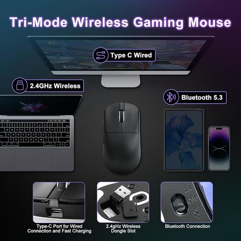 R1 SE+ Mouse Wireless Gaming Mouse ، 18000 DPI ، مستشعر PAW3395 SE عالي الدقة ، 55 جرام خفيفة الوزن ، MODE-MODE 2.4G/BT5.0/USB-C ، الفئران المبرمجة المبرمجة مناسبة لأجهزة الكمبيوتر المحمولة/MAC (White) in Kuwait