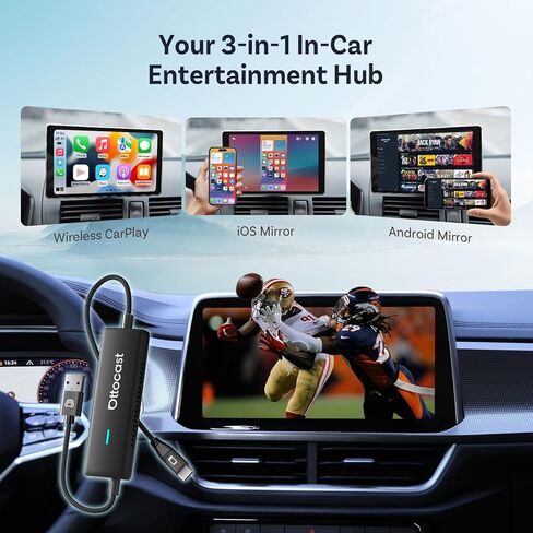 Ottocast Mirror Touch ، 3 في 1 شاشة متطابقة محول للسيارة مع محول Carplay اللاسلكي ، Wach Video على شاشة السيارة من هاتف iPhone 15+ و Android مع DP ، لسيارات CarPlay السلكية OEM (2016+) in Kuwait